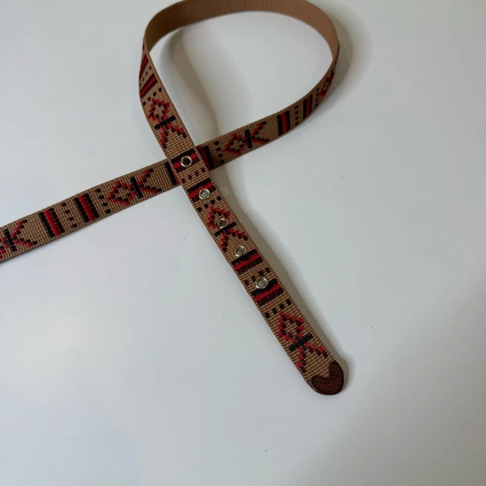 J CREW woven tapestry leather belt, Tan, Black, Red Southwestern Style size XS
